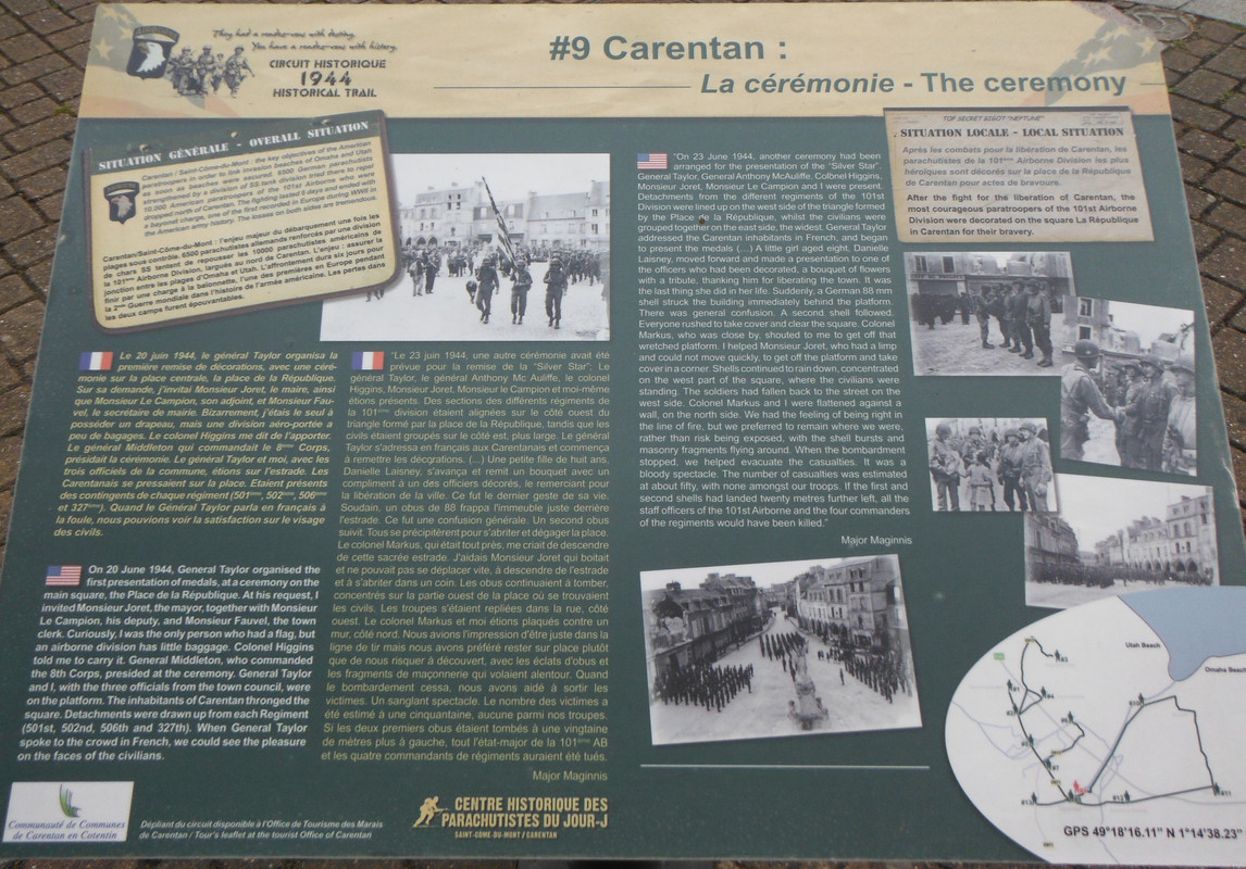 Placa informativa sobre las ceremonias de entrega de medallas los días 20 y 23 de junio de 1944