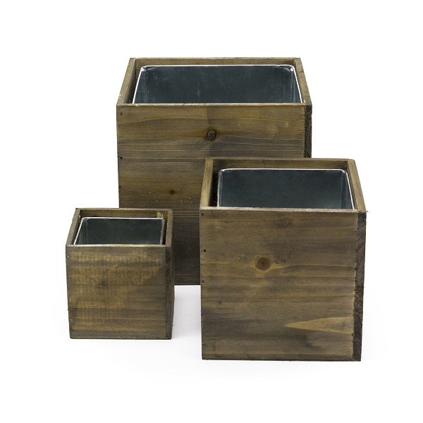 Wood Planter Cube Boxes with Zinc Liner Set of 3. Heights of 10", 8", and 6"