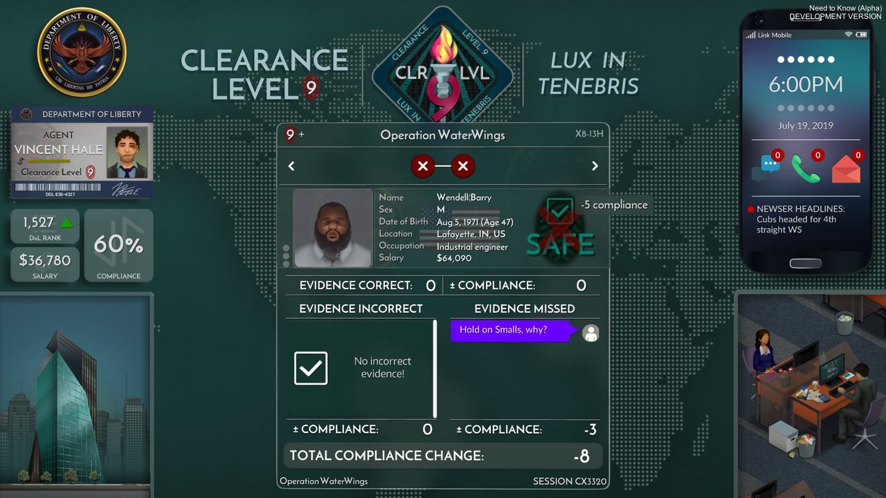 Need to Know game screenshot of Department of Liberty Classified evidence