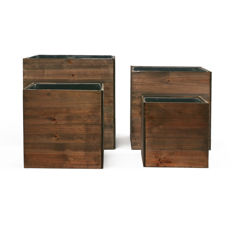 Wood Planter Cube Boxes with Zinc Liner Set of 4. Heights of 16", 14", 12", and 10"