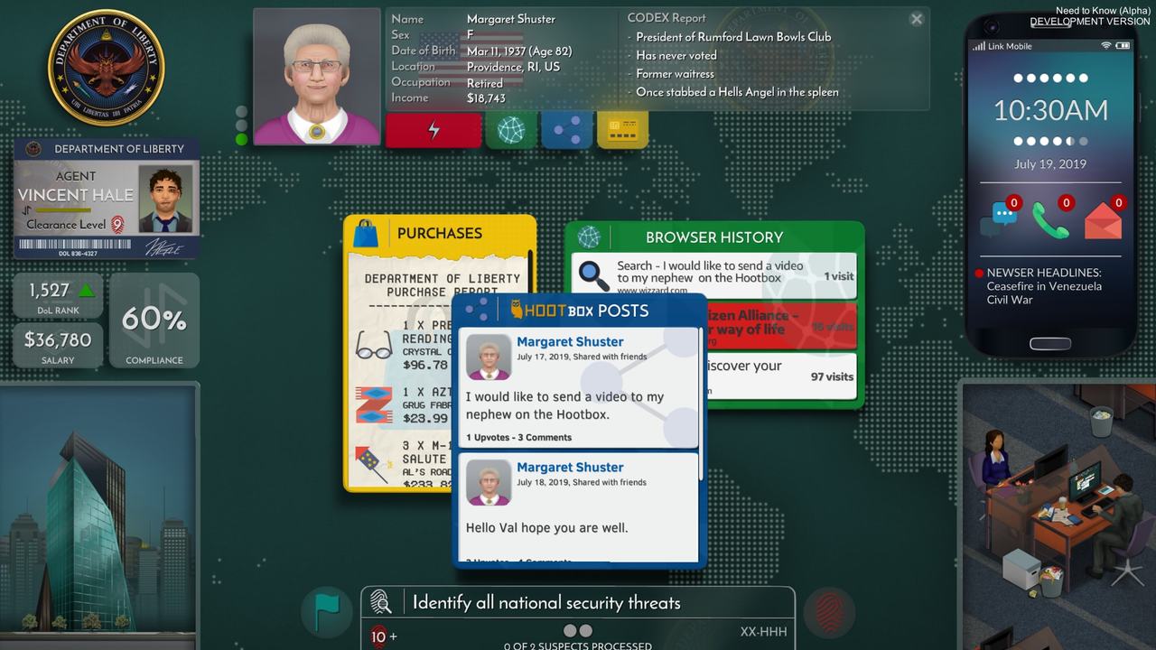 Need to Know game screenshot of Department of Liberty Social and Phone evidence